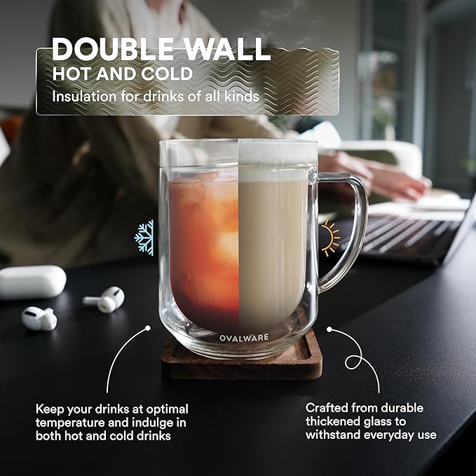 ovalware 500ml Double Wall Glass Coffee Mugs, Single Lip Mugs Made of Durable Borosilicate Glass, Insulated Coffee Mug with Handle for Hot and Cold Drinks - Frost White
