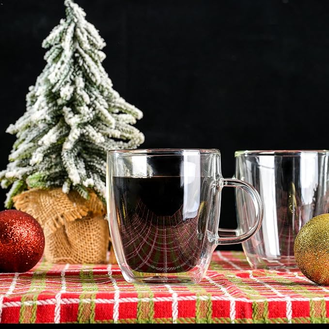 Double Wall Insulated Glass Coffee Mugs set of 4-13 oz Clear Hand Blown Glass Coffee Cups with Handle for Cappuccino, Latte,Espresso,Tea Bags,Americano,Beverages, Gifts for Christmas