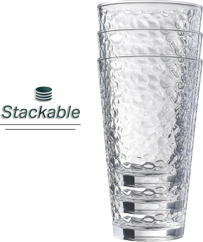 Set of 10 Hammered Glass Cups, 16oz. Dishwasher Safe Cocktail Drinking Glasses - Clear Heavy Base Stemmed Water Glasses, Tall Beer Glasses, Bar Glass, Juice, Iced Tea, Margarita, & Everyday Drinks