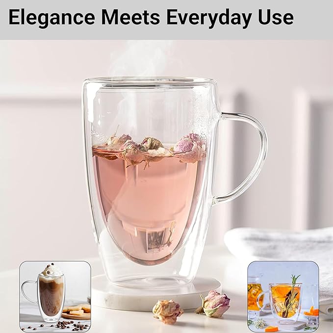 Double Wall Glass Coffee Mugs Set of 2 – 12oz Insulated Borosilicate Glass Cups with Handles – Clear Coffee, Tea & Latte Mugs
