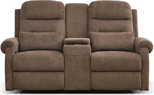DRMBOOK RV Loveseat Recliner Sofa with Console, Flax Velvet Double Wall Hugger Reclining Couch Manual Home Movie Seating 2 Person Recliner Chair with Cup Holders/Storage/Pocket/Lumbar Pillow, Brown