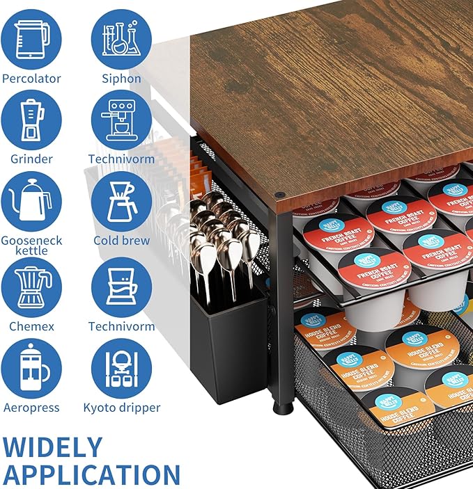 K Cup Holder Organizer, 2-Tier Coffee Pod Holder for 63 Large/80 Small Capsules with Storage Drawer & 2 Accessory Holders, Kcup Organizer for Countertop Coffee Station in Kitchen, Office, Coffee Bar