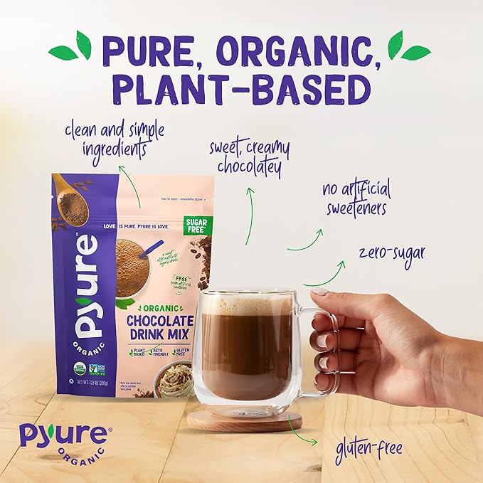 Pyure Organic Sugar Free Chocolate Drink Mix | Low Carb Chocolate Milk Powder with Cocoa | Keto, Vegan, Gluten-Free, Plant-Based | 1 Net Carb, Zero Sugar, Non-GMO, USDA Organic | 7.23 oz