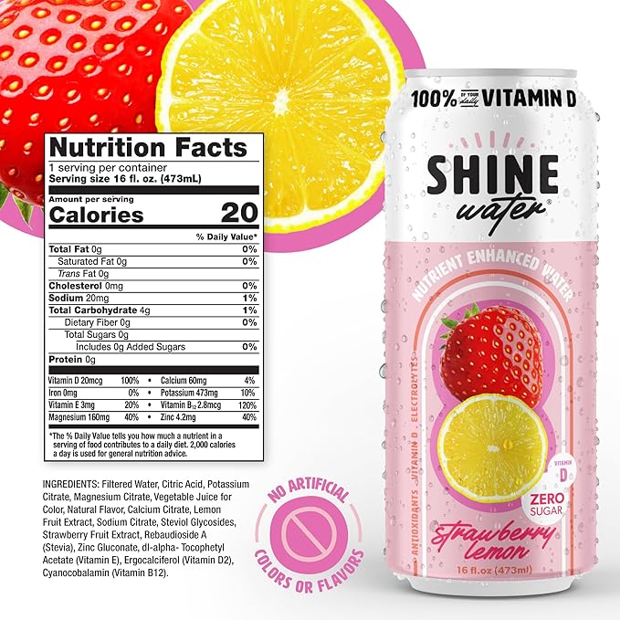 Shine Water Strawberry Lemon Vitamin D Electrolyte Drinks 12-Pack, Sugar Free Flavored Water with Magnesium, Zinc & Antioxidants, Low Calorie Hydration Beverage, Plant-Based Vitamin Water Zero Sugar