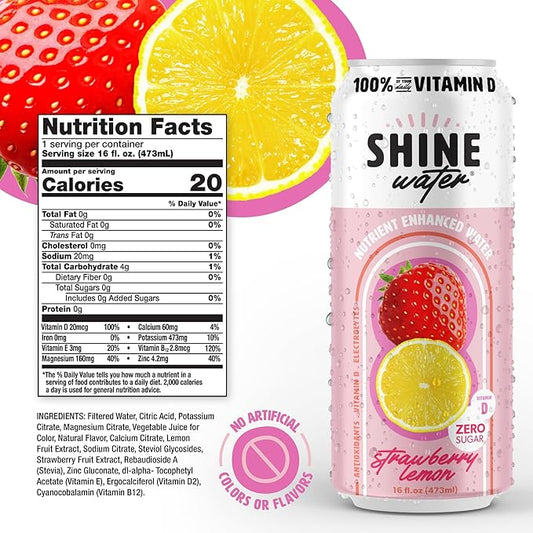 Shine Water Strawberry Lemon Vitamin D Electrolyte Drinks 12-Pack, Sugar Free Flavored Water with Magnesium, Zinc & Antioxidants, Low Calorie Hydration Beverage, Plant-Based Vitamin Water Zero Sugar