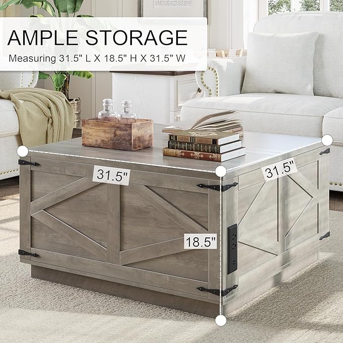 Farmhouse Lift Top Coffee Table, Square Wood Center Table with LED Lighting, USB-C Charging Station, and Hidden Storage Compartment - Rustic Grey Living Room Furniture