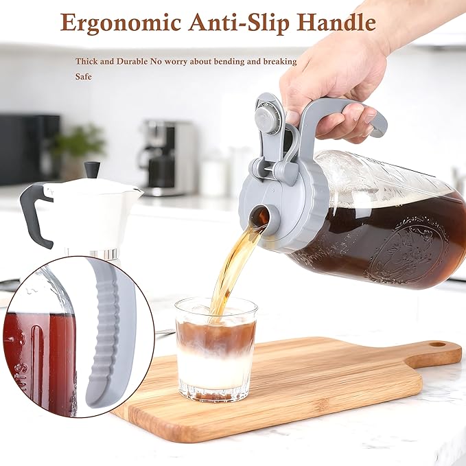 64 OZ Cold Brew Coffee Maker 2 Quart Mason Jar Glass Iced Tea Pitcher With Stainless Steel Filter Half Gallon Pitcher With Spout Lid For Iced Coffee,Tea & Lemonade,Sun Tea Airtight & Leak-Proof 2 PACK