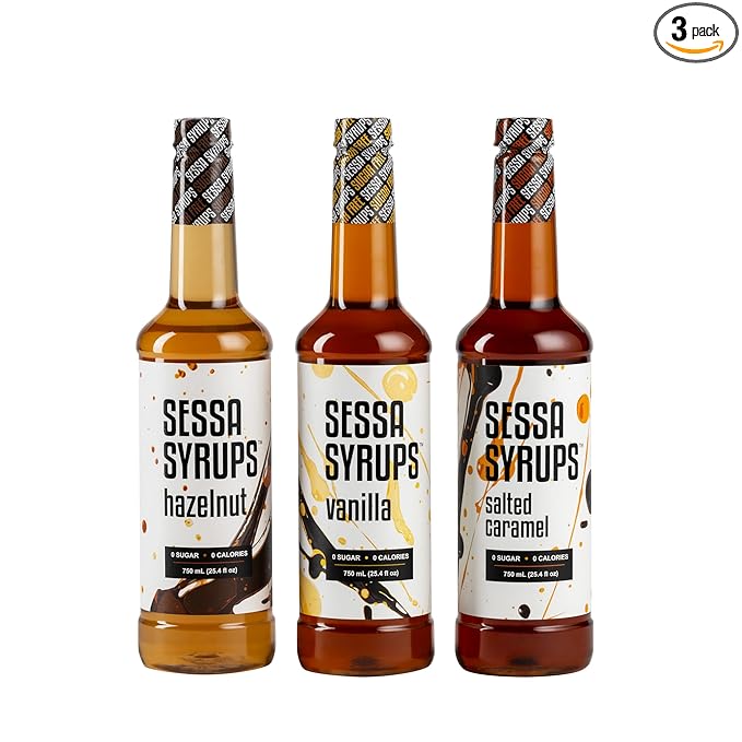 Sessa Syrups Sugar Free Variety Pack: Hazelnut, Vanilla, Salted Caramel - 25.4 Fl Oz - Keto-Friendly, Zero Calorie, Gluten-Free - Natural Flavoring for Coffee, Tea, Cocktails, and More