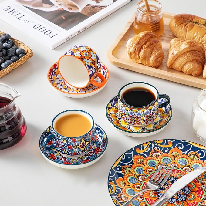 vancasso 4 Oz Stackable Espresso Cups with Saucers and Metal Stand Set of 4,Bohemian Ceramic Cappuccino Cups - Microwave and Dishwasher Safe, Perfect For Tea, Espresso, Latte, Cafe-02