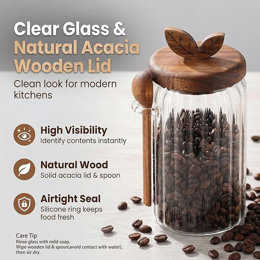 Glass Coffee Canister with Wooden Lid & Spoon, Airtight Food Storage Jar for Coffee, Sugar, Salt, Tea & Snacks (17floz)