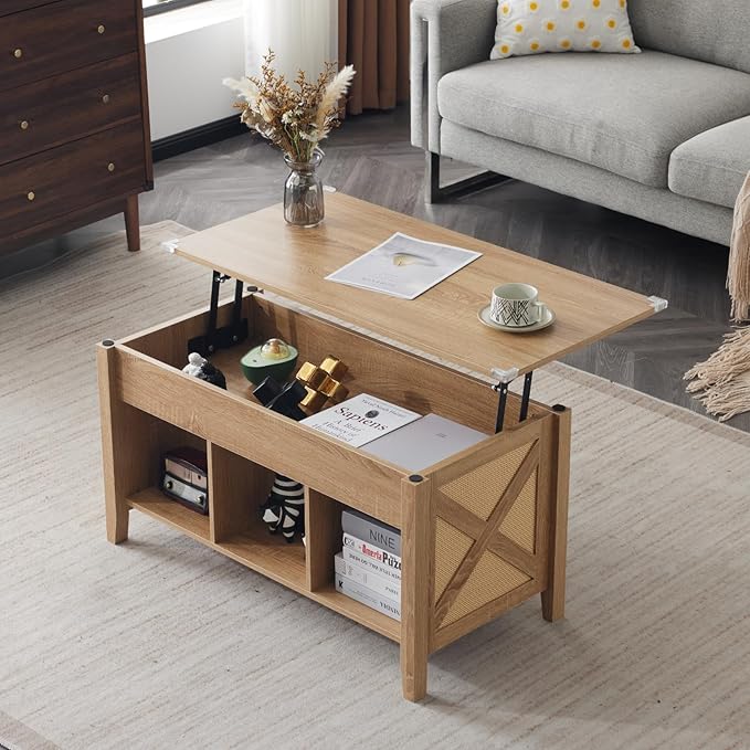 VINGLI Farmhouse Lift Top Coffee Table, Rustic Grey with Storage Shelf/Hidden Compartment, Mesa De Centro para Sala, Rustic Brown (Rattan Natural, 40" L)