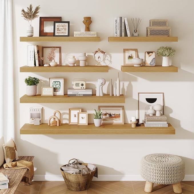Fun Memories 32 x 12 Floating Shelves Wall-Mounted - Rustic Wood Shelf - 12 Inch Deep Floating Shelves for Wall - Large Storage Shelf for Bathroom - Kitchen & Bedroom - Oak - Set of 2