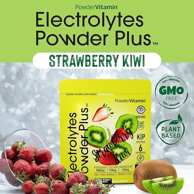 PowderVitamin Electrolytes Powder Plus (20 Servings) Strawberry Kiwi Electrolyte Powder Zero Calorie Keto,0 Sugar,No Maltodextrin,1000mg Potassium,120mg Calcium,120mg Magnesium, Pink Himalayan Salt