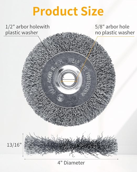 Wire Weel Brush for Grinder - 4 Inch Fine Crimped Wire Wheel for Bench Grinder with 1/2" and 5/8" Arbor(0.0085Inch Wire Size), Efficiently Polish Nuts, Bolts and Assorted Car Parts.