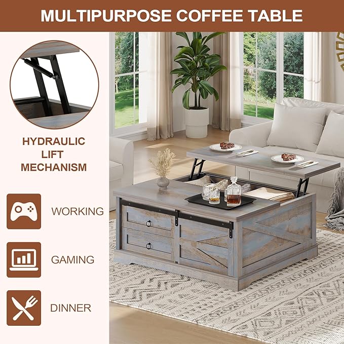 Itaar 39.4'' Lift Top Coffee Table with Storage, Farmhouse Coffee Tables for Living Room, Square Coffee Table with Large Hodden Compartment & 2 Drawrs & Adjustables Shelves (Blue)