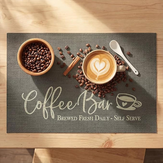 Artoid Mode Coffee Bar Mat Set of 2, Plastic Vinyl Washable Woven Non-Slip Table Mats for Coffee Machine Decor,Dark Gray