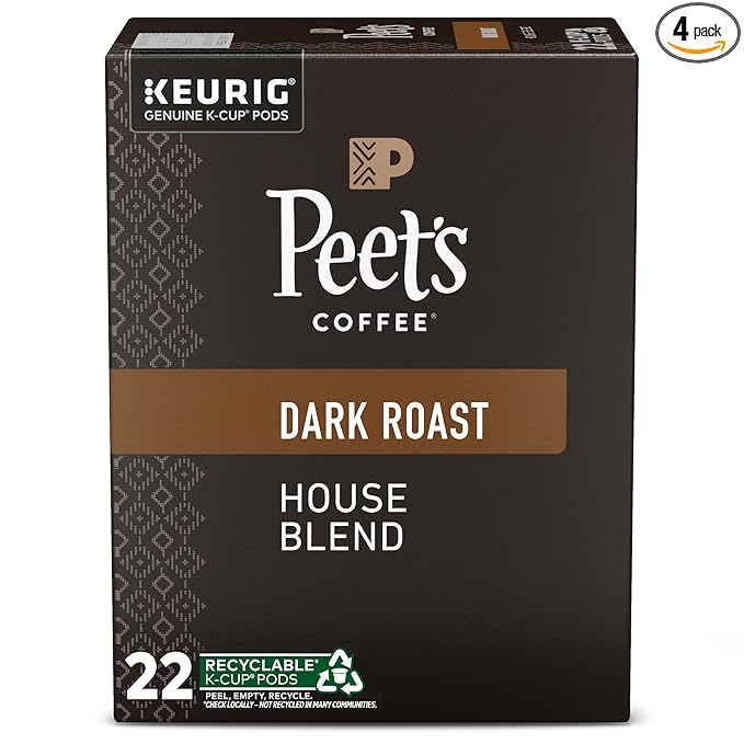 Peet's Coffee, Dark Roast Keurig K-Cup Pods, 100% Arabica Coffee - House Blend 88 Count (4 Boxes of 22 Pods)