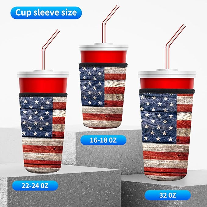 3 Pack Reusable Neoprene Insulator Sleeve for Iced Coffee Cups, Funny Coffee Cup Sleeves for 16-32oz Coffee cups, Cute Drink Sleeve for Cold Hot Beverages Cute Flag