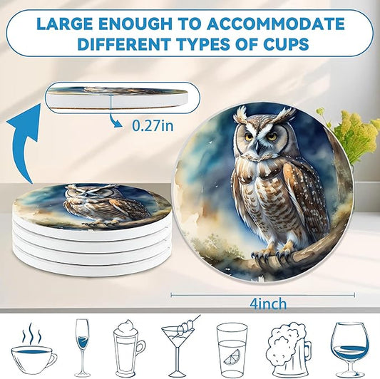 Drinks Coasters Set of 4, Owl Round 4" Cup Coasters, Absorbent Ceramic Stone Coasters with Cork Base, Cute Coasters for Table Home Décor, Ideal Gifts for Women Men
