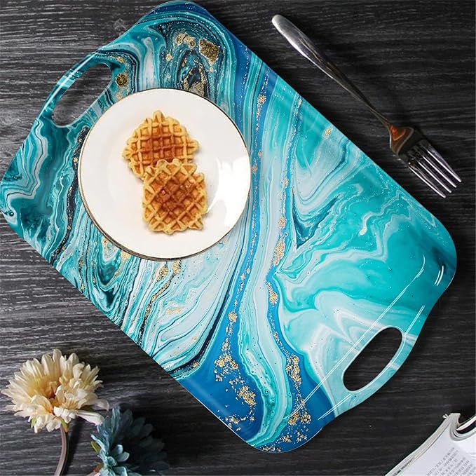 Serving Tray Decorative Tray with Handles Multi-Purpose Rectangular Serving Trays for Restaurant, Parties, Coffee Table, Kitchen - Blue Gilt Marble Pattern