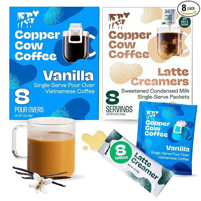 Copper Cow Coffee Pour Over Vietnamese Coffee Pouches + Sweetened Condensed Milk Creamers (8 Coffees & 8 Milk Creamers) | Vanilla Lattes, No Refrigeration Needed, Travel Friendly Ground Coffee
