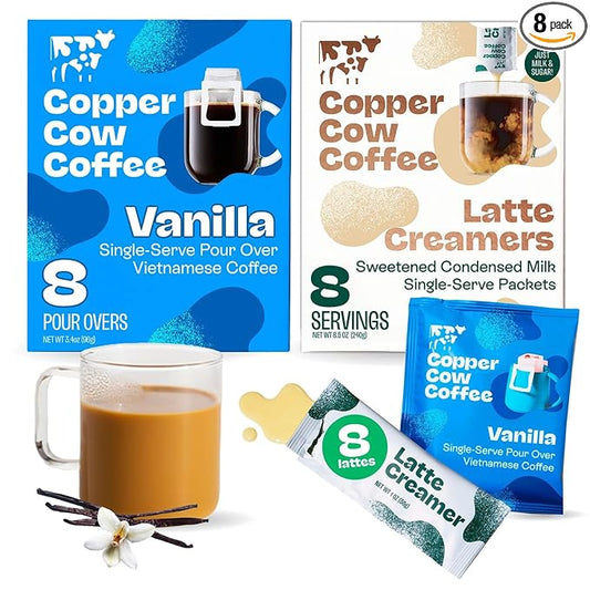 Copper Cow Coffee Pour Over Vietnamese Coffee Pouches + Sweetened Condensed Milk Creamers (8 Coffees & 8 Milk Creamers) | Vanilla Lattes, No Refrigeration Needed, Travel Friendly Ground Coffee