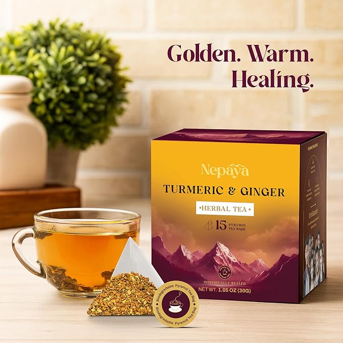 Nepaya Turmeric Ginger Herbal Tea – 15 Pyramid Tea Bags, Biodegradable, Caffeine-Free, Warm & Spicy, Himalayan Blend, Gluten-Free
