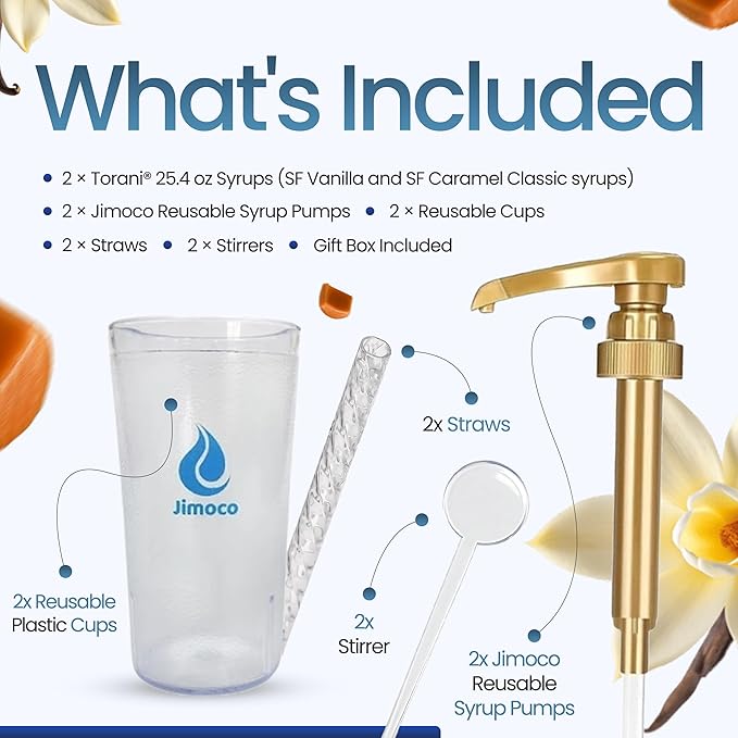 Jimoco Barista Set – Torani Sugar Free Vanilla & Caramel Classic Syrups (25.4 oz Each) with 2 Jimoco Syrup Pumps, Reusable Cups, Straws & Stirrers – Coffee, Italian Soda & Cocktail Flavoring Kit