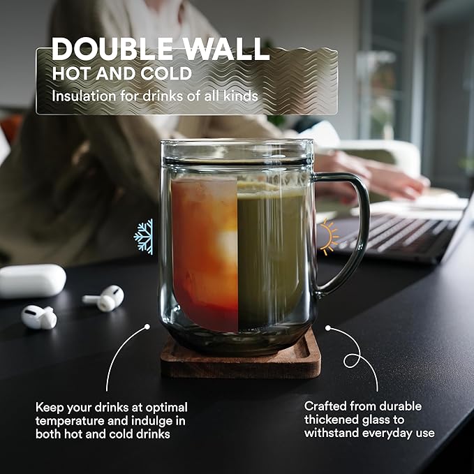 ovalware 500ml Double Wall Glass Coffee Mugs, Single Lip Mugs Made of Durable Borosilicate Glass, Insulated Coffee Mug with Handle for Hot and Cold Drinks - Stealth Gray