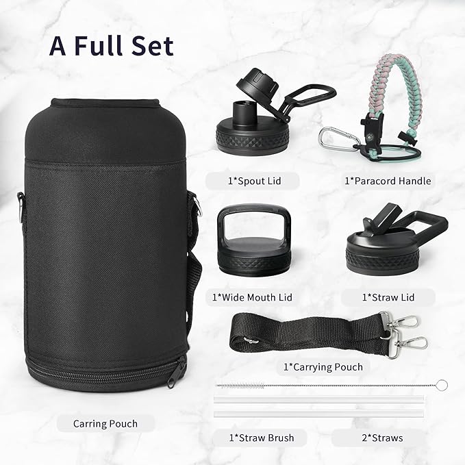Trebo Water Bottle Insulated with Lid and Straw, Double Wall Vacuum Stainless Steel Metal Tumbler Sports Flask with Paracord Handle, Keep Cold 48 Hours Water Cup with 3 Lids, Hydrangea