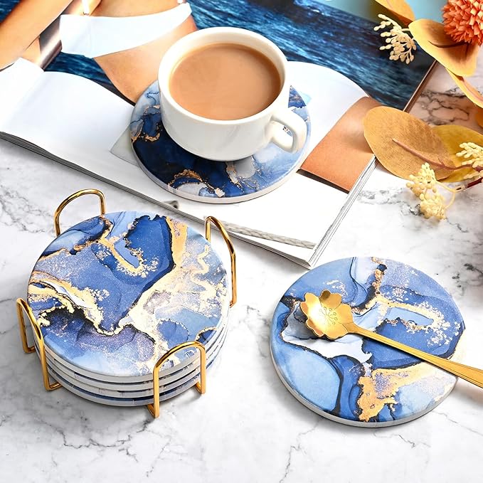 CoColemon Navy Blue Absorbent Coasters Set of 6, Marble Abstract Coaster with Holder, Home Coffee Table Décor for Women, Cute Cork Coasters for Drinks