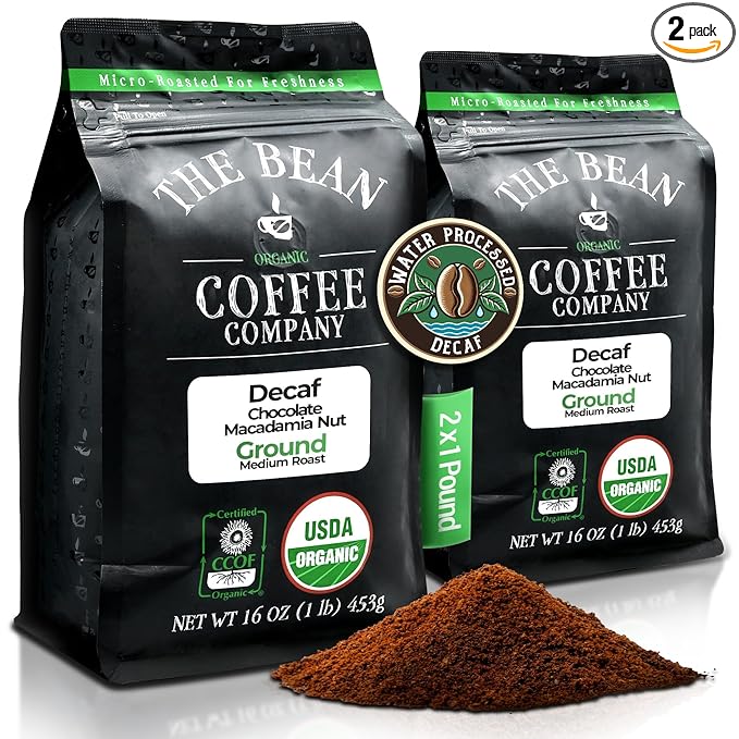 The Bean Organic Coffee Company Water Processed DECAF Chocolate Macadamia Nut, Medium Roast, Ground Coffee, 16-Ounce Bags (Pack of 2), Café Molido Tostado Orgánico descafeinado