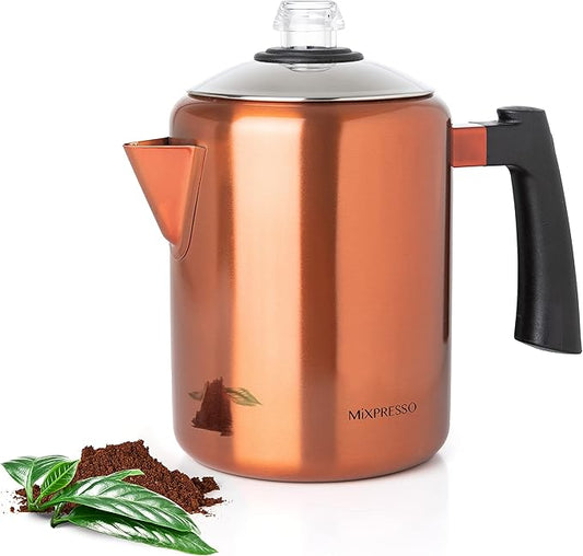 Mixpresso Copper Stainless Steel Coffee Percolator Stovetop, 37oz Classic Percolator Coffee Pot, Great For Camping Pot, 5-8 Cup Stove Top Espresso Maker, Cool-Touch Handle