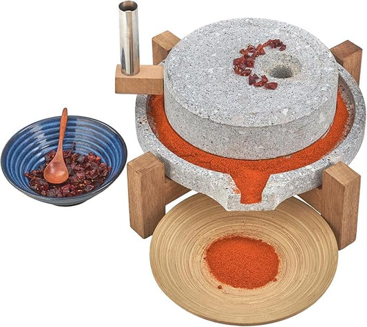 Stone Grain Mill - Manual Flour Mill with Stable Wood Base, Natural Granite Stone Grinder Mill for Dry & Wet Use, Home Kitchen Tool (9.8 x 13.8 inch)