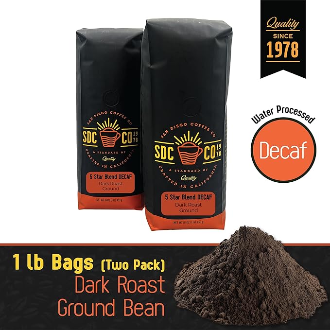 San Diego Coffee 5 Star Blend DECAF, Dark Roast, Ground Coffee, 16-Ounce Bags (Pack of 2) Café descafeinado molido tostado