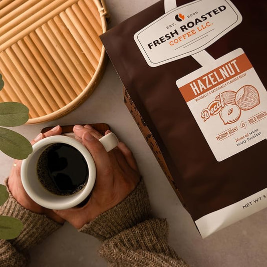 Fresh Roasted Coffee, Decaf Hazelnut Flavored Coffee, 5 lb (80 oz), Medium Roast, Kosher, Whole Bean