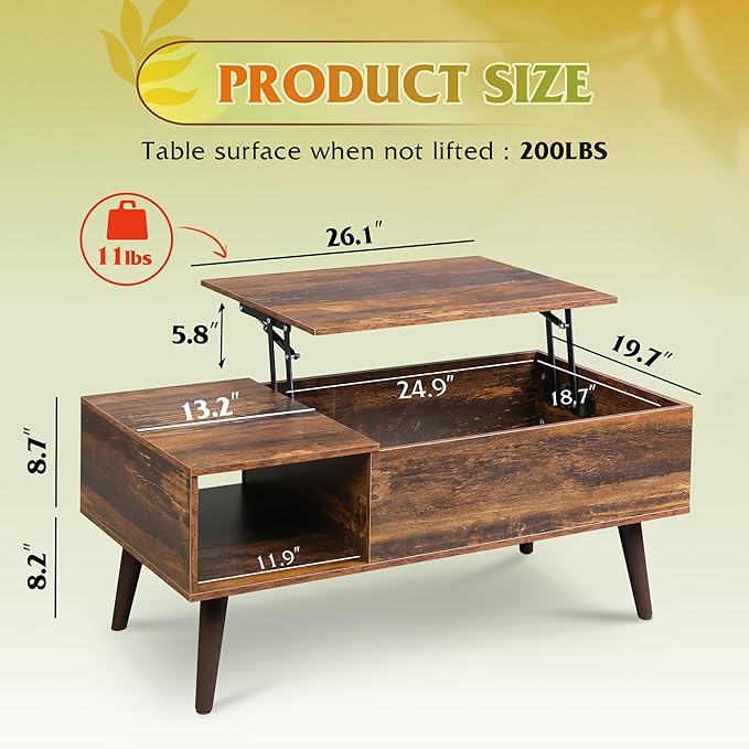 WLIVE Coffee Table for Living Room, Lift Top Coffee Table with Storage, Small Rising Wooden Dining Center Table with Storage Shelf & Hidden Compartment, 39" Rustic Brown