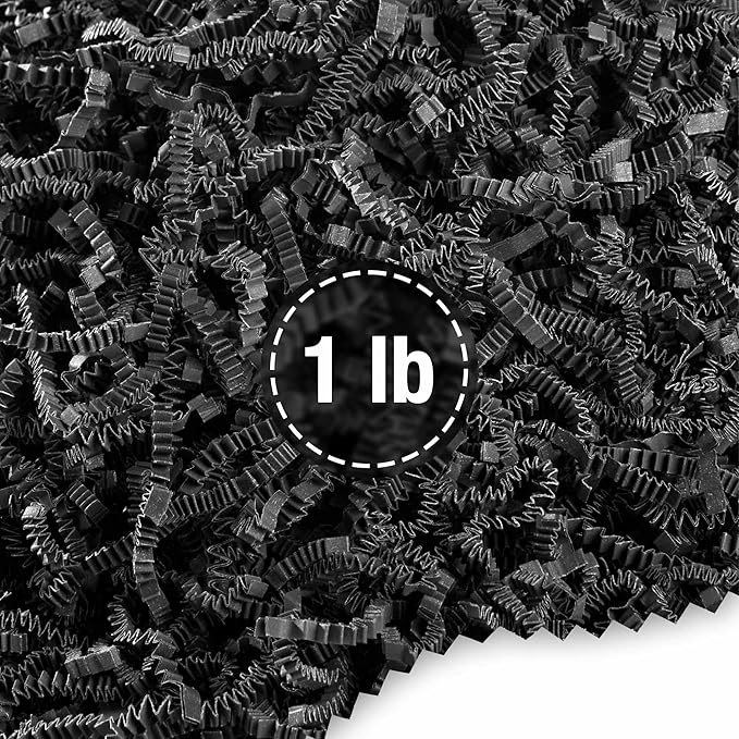 FRILLZ Crinkle Cut Paper Shred Filler for Baskets, Gifts, Packing and Protecting your Birthday, Weddings, Anniversary, Valentines Day, and other gifts (1 pound, Black)