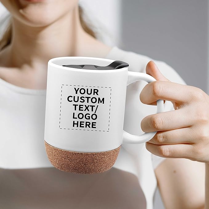 Custom Barista Ceramic Mugs with Cork Bottom 13 oz Set of 12/36/72 Personalized Bulk Pack Perfect for Coffee Tea Espresso Hot Cocoa Other Beverages - White