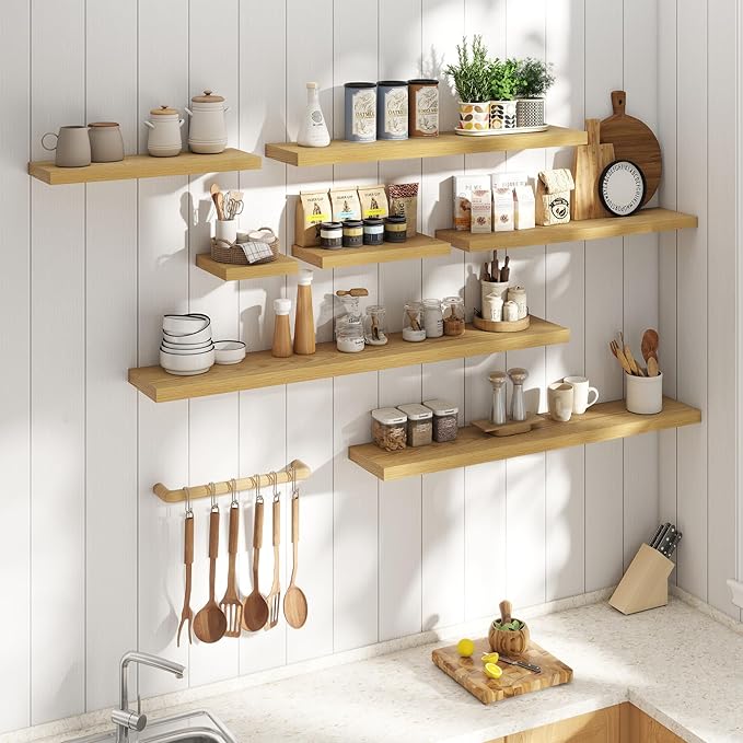 Floating Shelves for Wall with Invisible Brackets, Wall Mounted Engineered Wood Shelves with Wood Grain for Living Room, Bedroom, Bathroom, Kitchen Decor and Storage, Oak, 24"L Set of 2, Oak