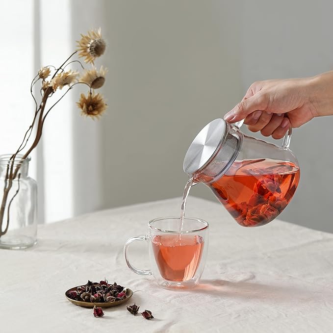 CNGLASS One-Touch Glass Teapot with Stainless Steel Filter Lid,20oz(600ml) Glear Tea Kettle Stovetop Safe,Borosilicate Glass Tea Pots for Loose Leaf Tea