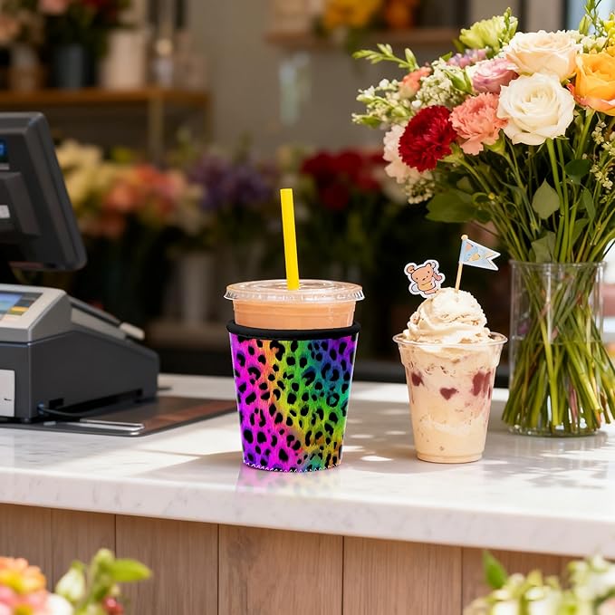 Rainbow Leopard Iced Coffee Sleeve Set Rainbow Leopard Iced Coffee Sleeve Set of 3 Colorful Neon Animal Print Insulated Coffee Sleeve for Women & Gifts Fits S/M/L 3-Pack