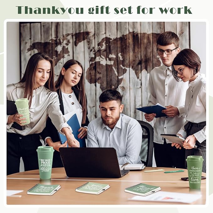 Skylety 12 Set/ 48 Pcs Employee Appreciation Gifts Bulk Thank You Inspirational Gift Set 16 oz Coffee Cups with Thank You Notebook Pen Keychain for Staff Team Teacher Coworker Friend (Green Gradient)