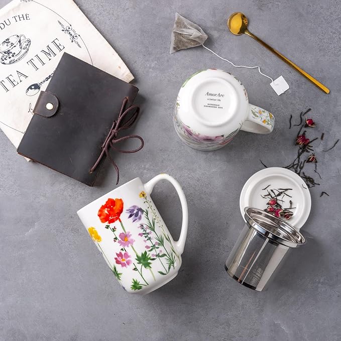 AmorArc Porcelain Tea Mug with Infuser and Lids, 18 Oz Coffee Cup Strainer with Bag Holder for Loose Leaf Tea, Tea Steeping Coffee Mug for House-warming Wedding Birthday Gift