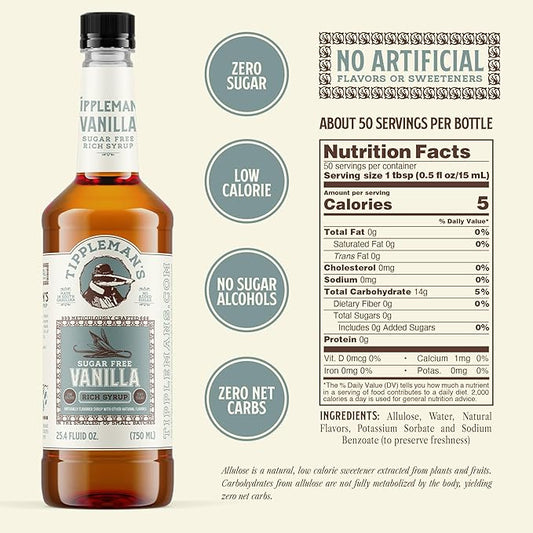 Tippleman's Sugar Free Vanilla Coffee Syrup, Zero-Sugar, Great for Drinks, Lattes & Espressos – 750ml Bottle Fits Pump