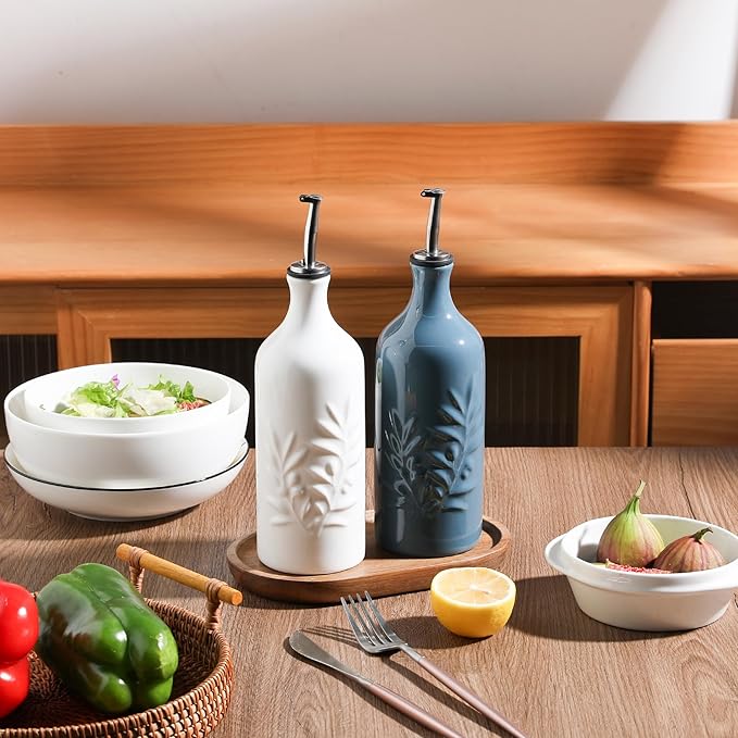 Sweejar Ceramic Olive Oil Dispenser Bottle, 20 Oz Relief Opaque Oil Cruet Protects To Reduce Oxidation, Suitable for Storage Vinegar, Soy Sauce,Liquids,Set of 2 (WhiteFogblue)