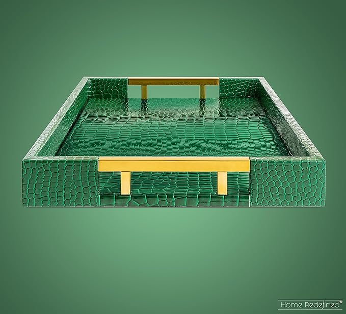 Luxury Modern Elegant 17.5"x12" Rectangle Crocodile Green Faux Leather Decorative Tray Ottoman Coffee Table Living Room Decor Kitchen Serving Tray with Gold Polished Metal Handles by Home Redefined