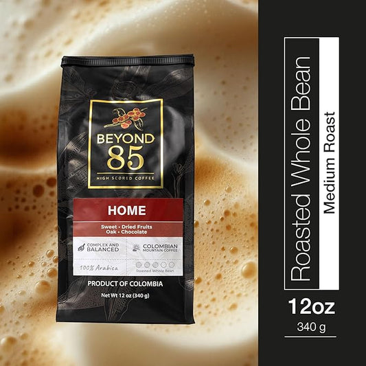 BEYOND 85 COFFEE, Home, Colombian Coffee, Premium Quality, Medium Roast, Sweet Notes & Floral Aroma, Whole Bean, 12 OZ