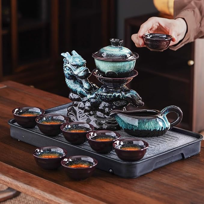 Ceramic Teapot with Infuser Semi Automatic Tea Set Magic Teapot with 8 cups Gradient Color (Gradient Dragon- B)