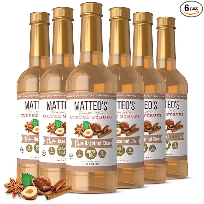 Matteo's Hazelnut Chai Syrup for Coffee, Lattes, Cappuccinos & Desserts – Sugar-Free Sweetener for Beverages, Keto Friendly, Zero Calories, Indulgent Flavor, Non-Alcoholic, 33.8oz (6pk)